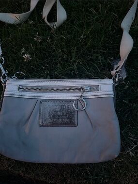 Coach Gray and White Leather Crossbody Bag with Front Zip